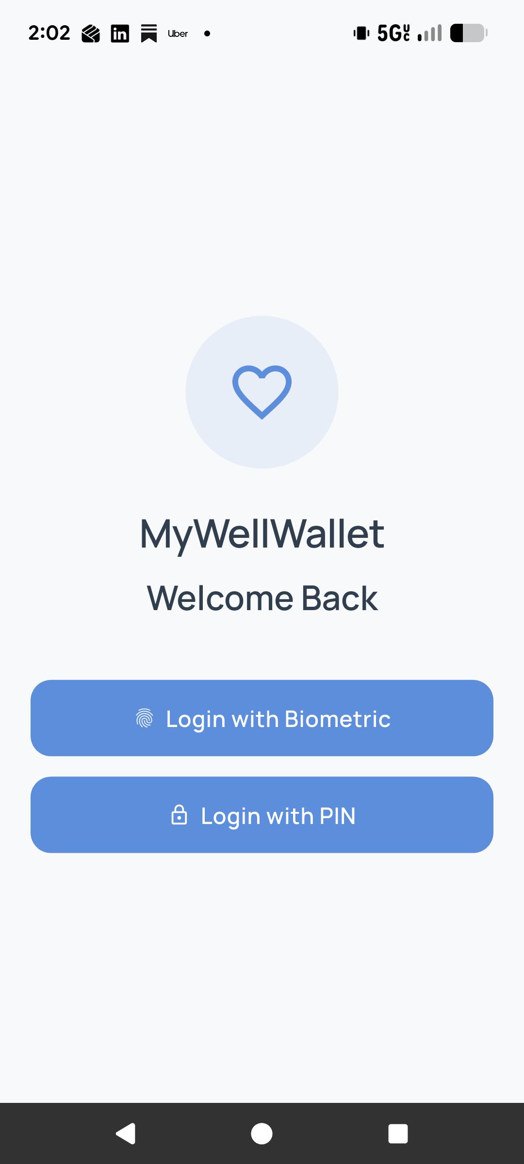 MyWellWallet Login Screen